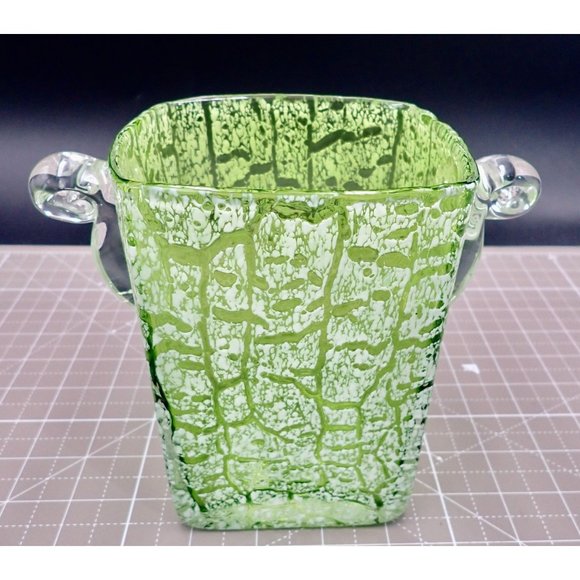 Mid Century Lime Green Art Glass Ice Bucket with White Splash Texture